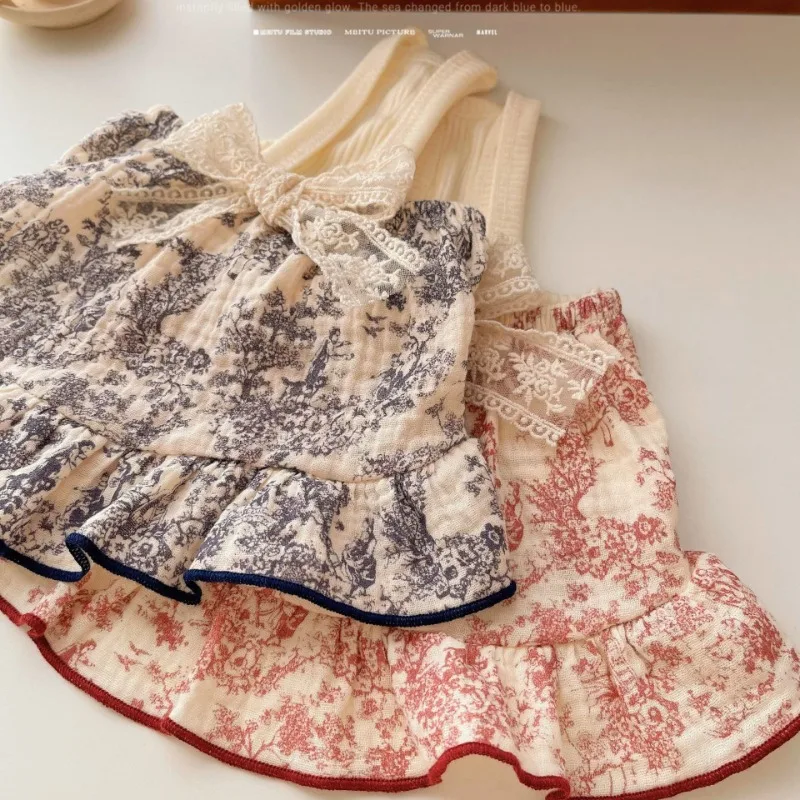 Ropa de moda para perros, falda Retro de estilo francés con lazo Floral, vestidos de princesa para cachorros, oso de peluche, falda con tirantes para perros pequeños - imagen 2