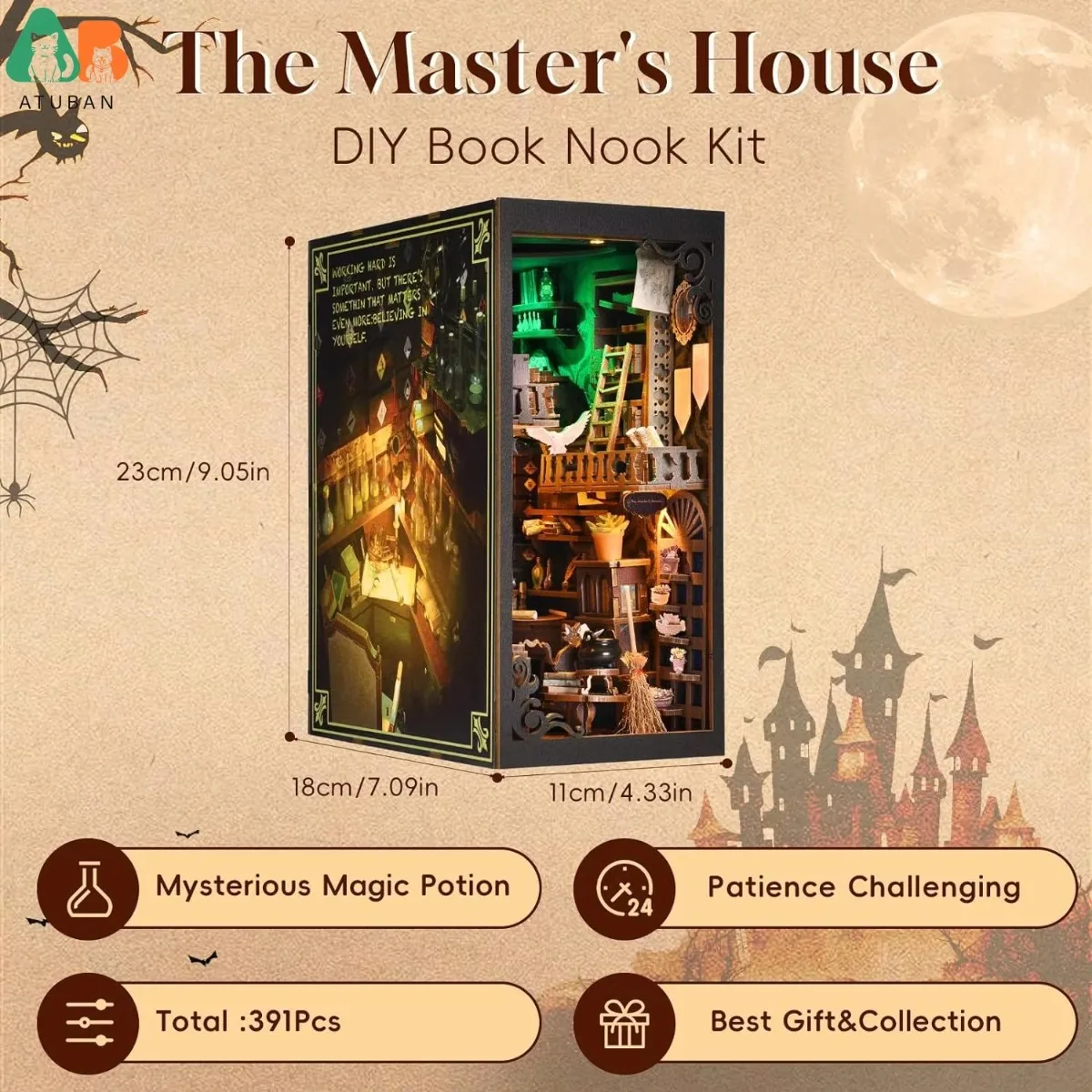 ATUBAN-Kits de rincón de libros DIY para adultos, rompecabezas de madera 3D, Kit de casa en miniatura para decoración de inserción de estantería, sujetalibros DIY, casa pequeña - imagen 2