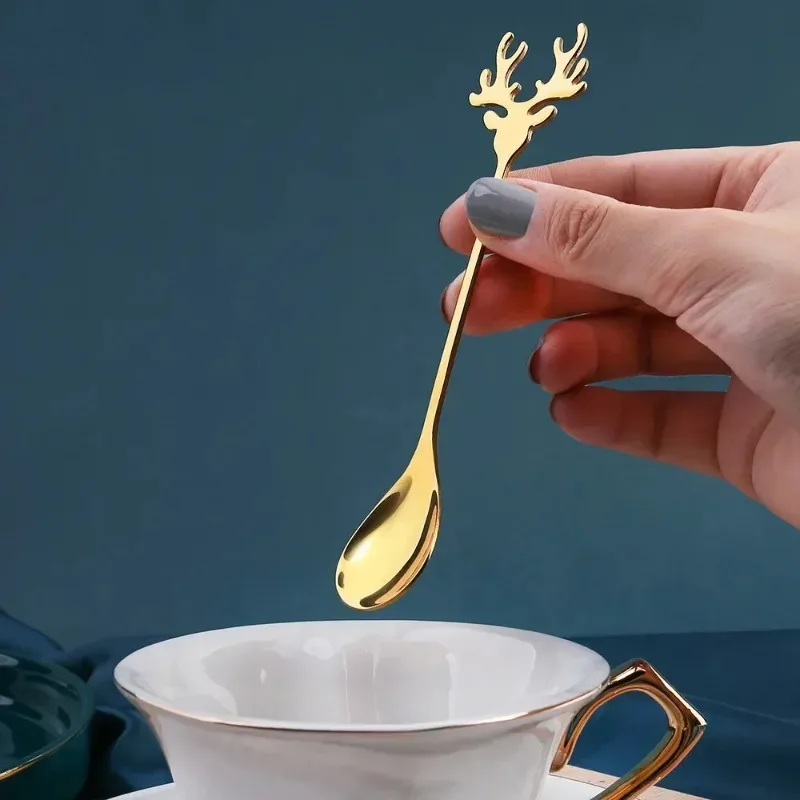 Cuchara agitadora con forma de cabeza de ciervo de acero inoxidable, cuchara romántica de Navidad para postre y café, juego de vajilla de regalo de Navidad para Cocina - imagen 4