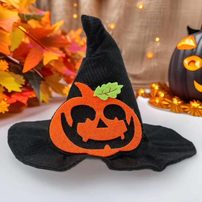 Sombrero de bruja para mascotas de Halloween con calabaza y murciélago, disfraz de cosplay de fieltro suave ajustable para mascotas, lindo diadema elástica para fiesta