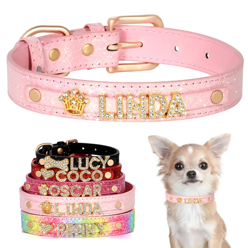 Collares de cristal ostentoso para cachorros, Collar personalizado con diamantes de imitación para perros pequeños, Collar personalizado para Chihuahua con dijes, accesorios para mascotas