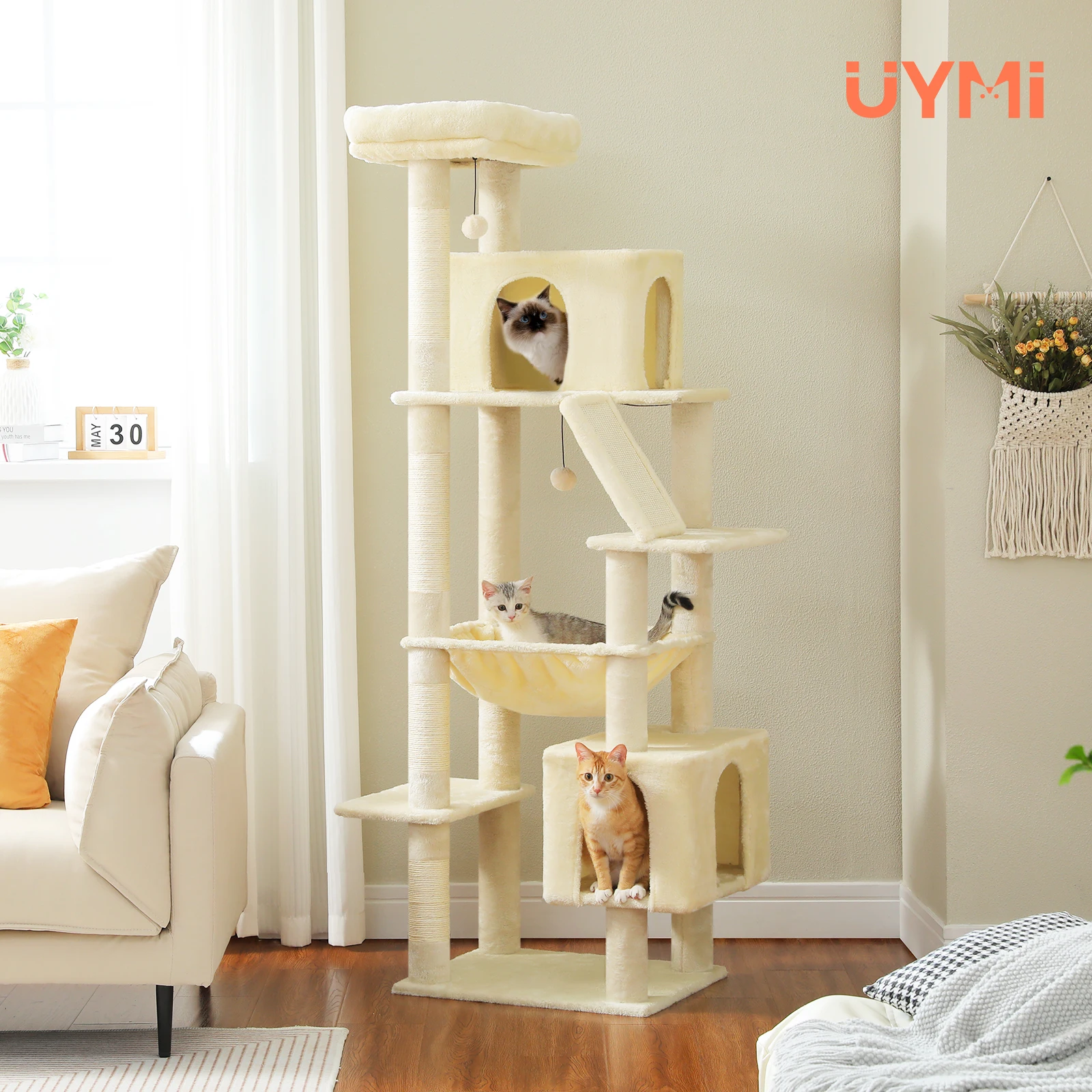 Árbol para gatos de 180 cm de altura para gatos grandes con hamaca grande, torre para gatos estable y resistente con postes rascadores de sisal, 2 condominios espacios - imagen 3