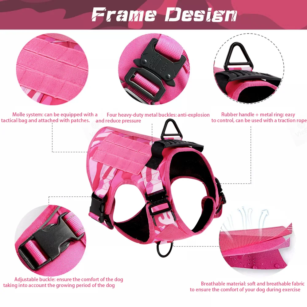 Arnés táctico rosa para perros, chaleco de servicio para perros grandes/medianos, accesorios para mascotas para entrenamiento y caminar de pastor alemán Labrador - imagen 3