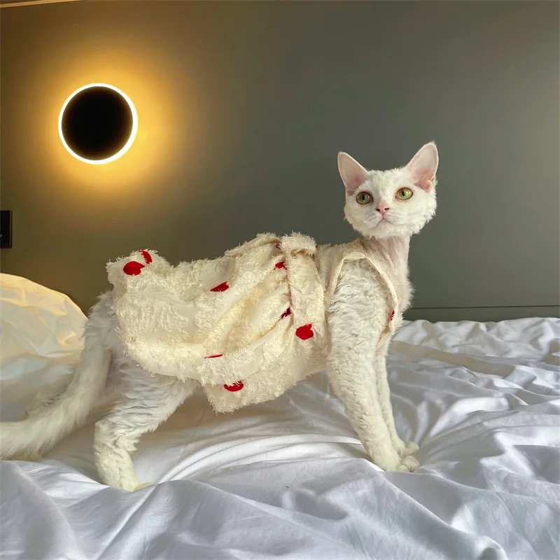 Vestido de princesa blanco rojo de verano para Devon Rex Falda suave de primavera de algodón en el interior agradable para la piel con lindo lazo para gato sin pelo - imagen 5