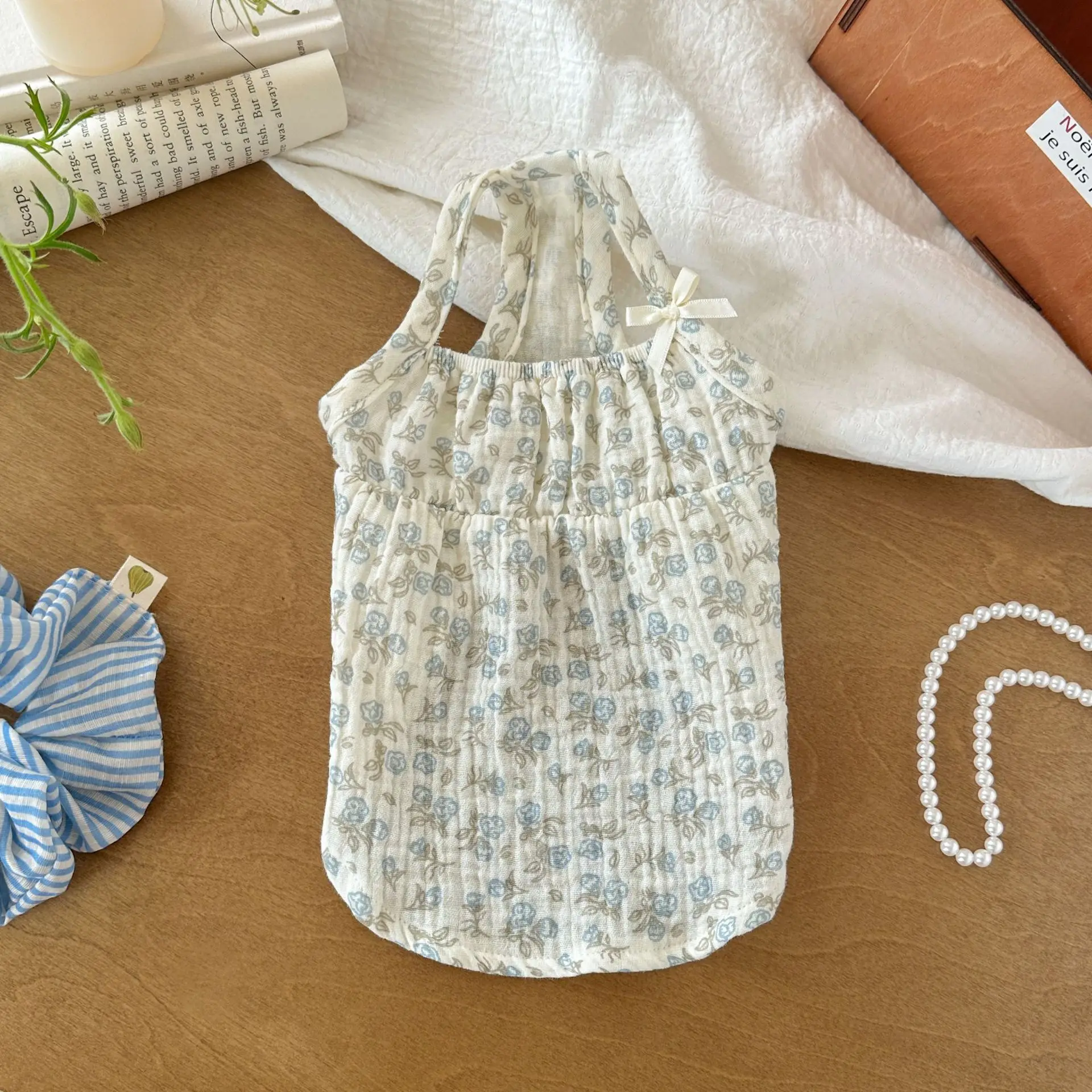 Chaleco de primavera con lazo para mascotas, falda camisola, pijamas para el hogar, falda base para perros pequeños, ropa para cachorros, ropa para perros pequeños - imagen 4