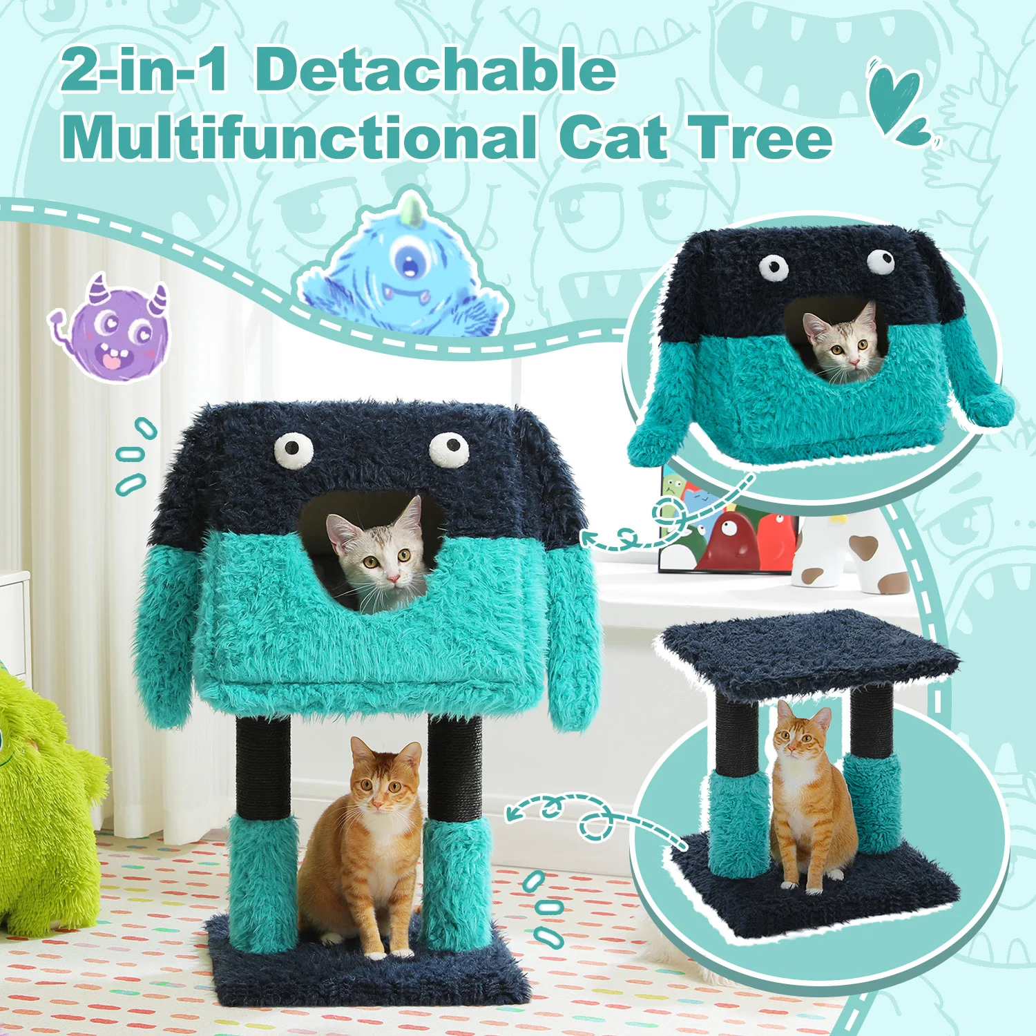 Torre de árbol para gatos serie Monster, modelado de felpa con forma bonita con gato grande, patas envueltas en Sisal, Bas sólido, orejas y ojos divertidos - imagen 4