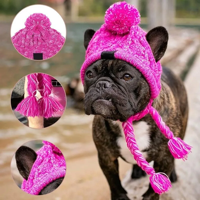 Gorro suave de invierno para perro, gorro cálido de punto con orificios para las orejas, a prueba de viento, para Bulldog Francés, para cachorro, pequeño y mediano - imagen 3