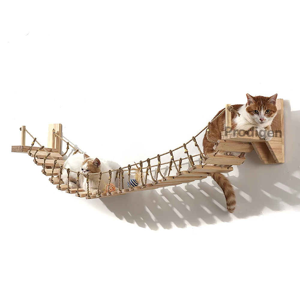 Puente montado en la pared para gatos, marco de escalada, nudo de cuerda, marco de madera, plataforma de salto para mascotas, actividades para gatos en casa, muebles de madera maciza para gatos - imagen 5