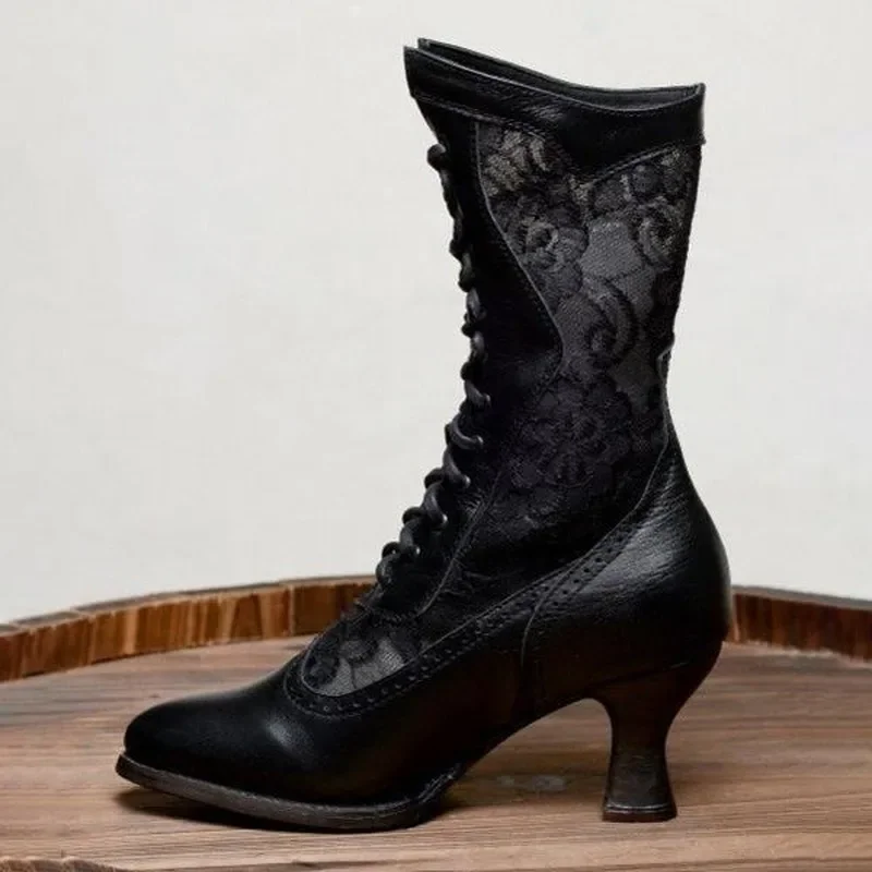 Botines Vintage victorianos para mujer, botas de media caña con punta puntiaguda, elegantes botas con cordones de Pu, zapatos de tacón alto empalmados - imagen 5