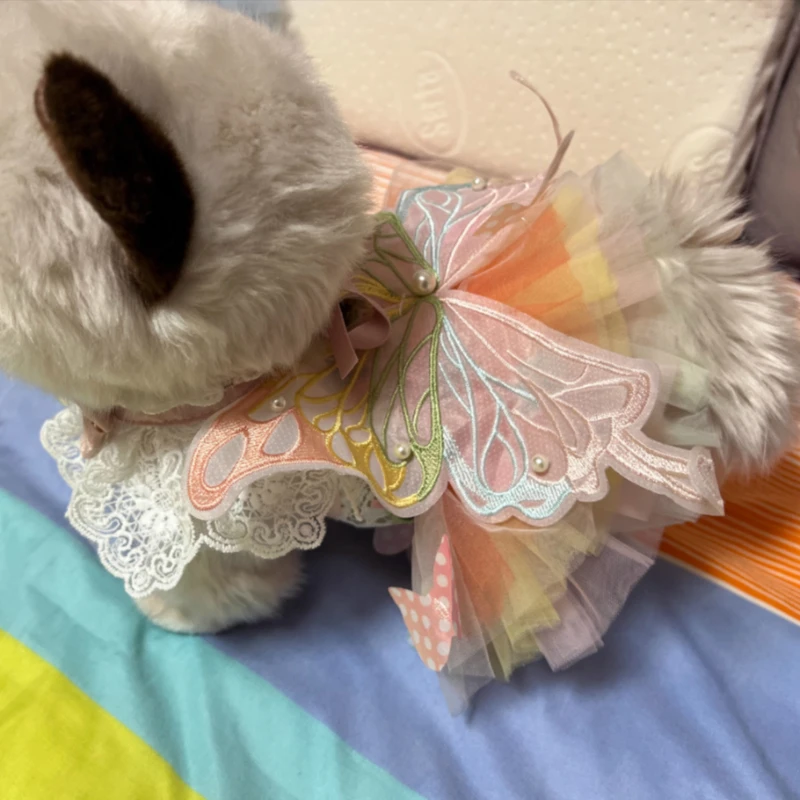 Ropa para perros, vestido fino de princesa para gatos, mariposa arcoíris, esponjoso, suministros para mascotas de peluche para perros pequeños - imagen 5