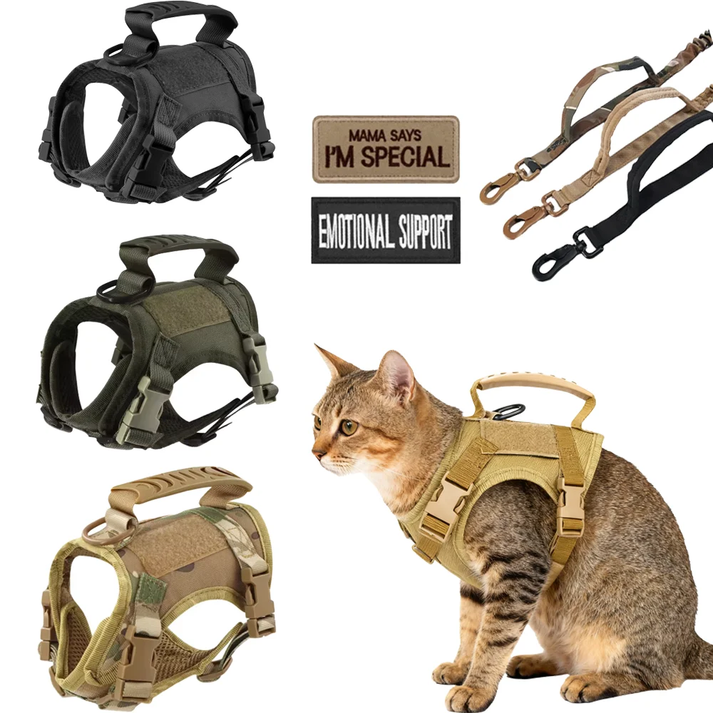 Conjunto de arnés y correa tácticos para gatos, arnés de chaleco ajustable a prueba de Escape para caminar con mango de goma acolchado de malla suave