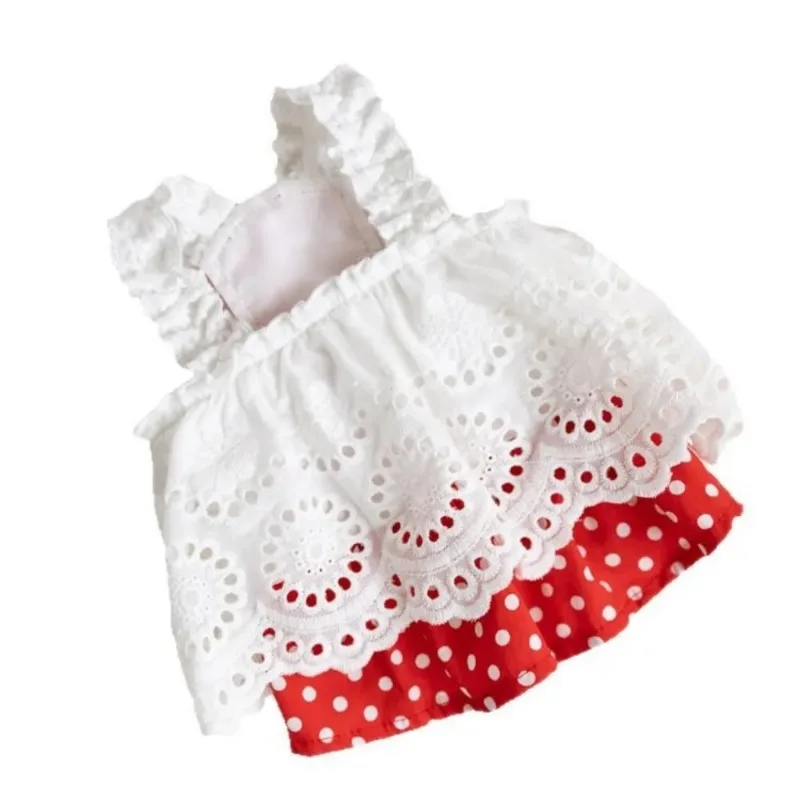 Ropa de lunares rojos para mascotas, vestidos de verano para cachorros, falda con tirantes huecos, falda plegable para perros, falda con lazo de peluche para perros pequeños, chaleco fino de princesa a la moda - imagen 5