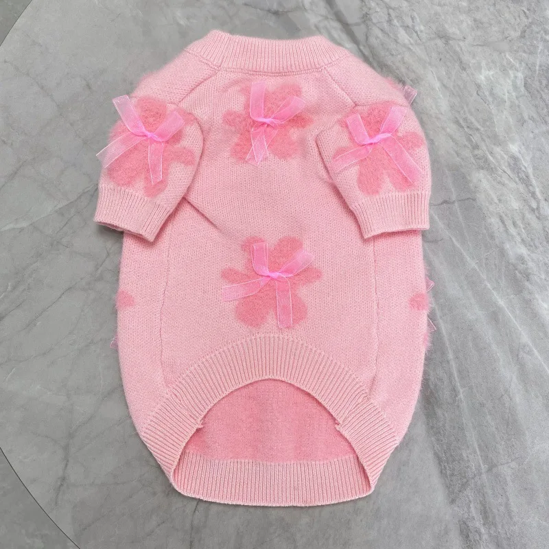Ropa de otoño e invierno para perros, suéter con lazo de oso, ropa tejida para perros, abrigo dulce rosa de Pomerania de peluche para perros pequeños - imagen 5