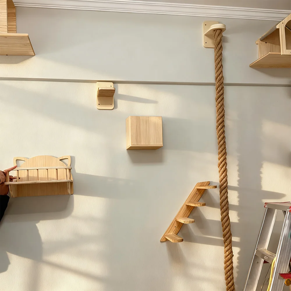 Centro de actividades para gatos montado en la pared Estantes de madera para gatos Columnas rascadores y cuerda de escalada para gatitos y gatos adultos para escalar - imagen 2