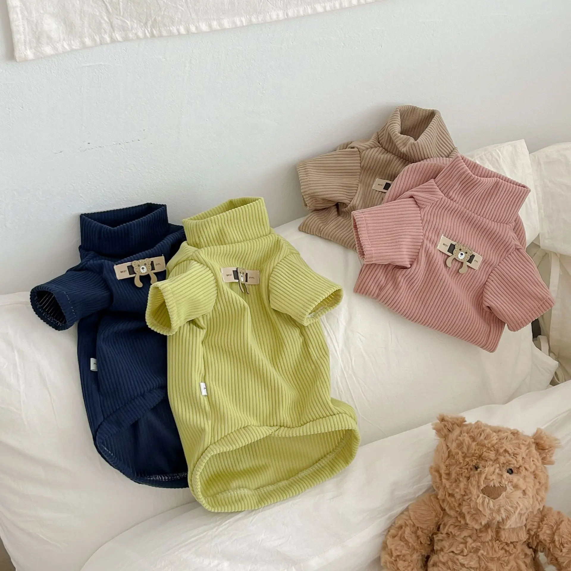 Pet Otoño Invierno gato cuello alto manga Base suéter de pana Sudadera con capucha de otoño ropa para perros pequeños ropa para cachorros - imagen 2