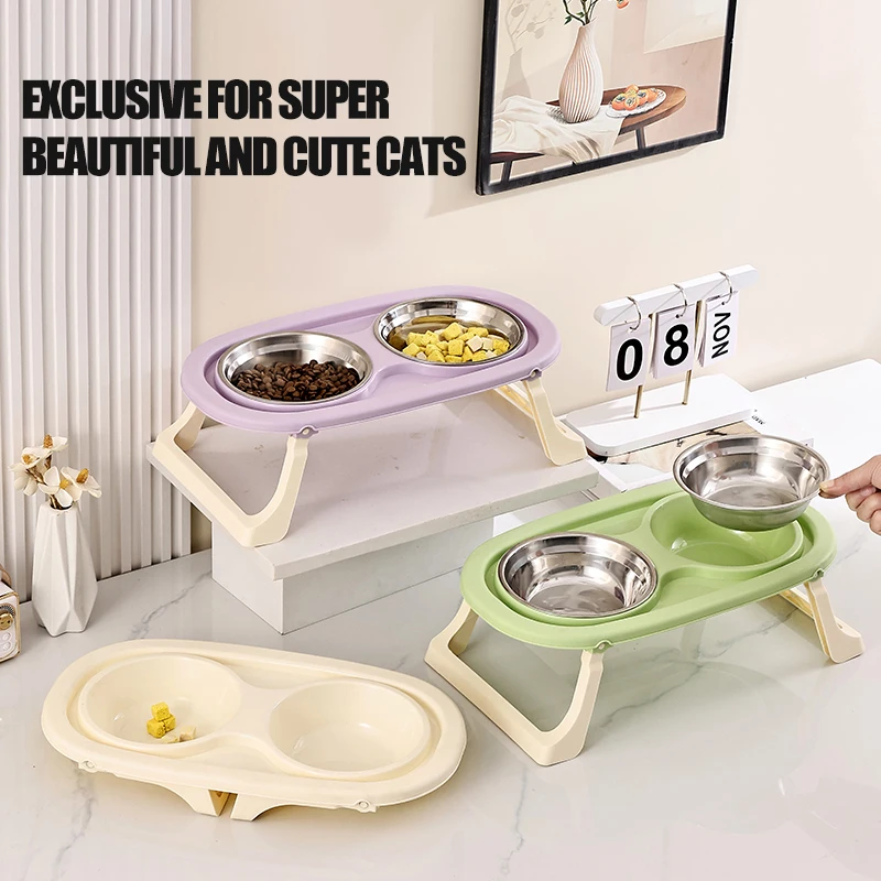 Cuenco plegable de acero inoxidable para mascotas, cuenco de comida para gatos, cuenco de comida para perros, protección del cuello, doble cuenco de pie alto, 1 ud.