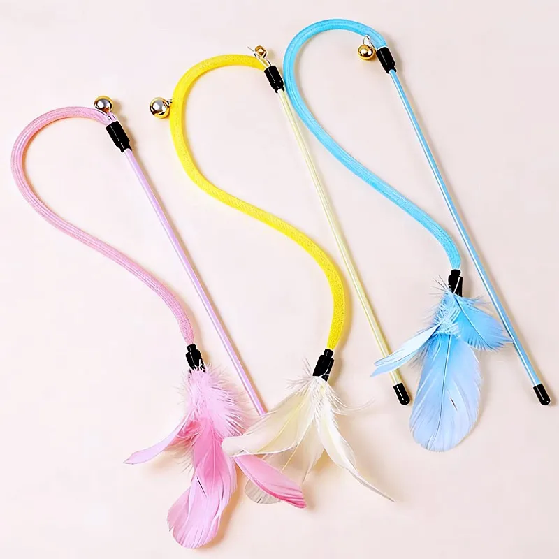 Cat Toys Feather Sticks Cat Toys Interactive Feather Toy for Cats Teasing Long Handle Stick Cats Toy with Bell Pet Supplies