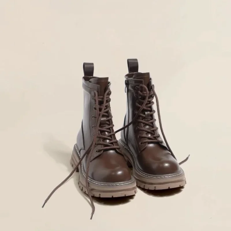 Botas cortas de nieve para mujer, Botines de piel negra y marrón, zapatos acolchados de algodón, fondo grueso cálido, otoño e invierno, novedad - imagen 5