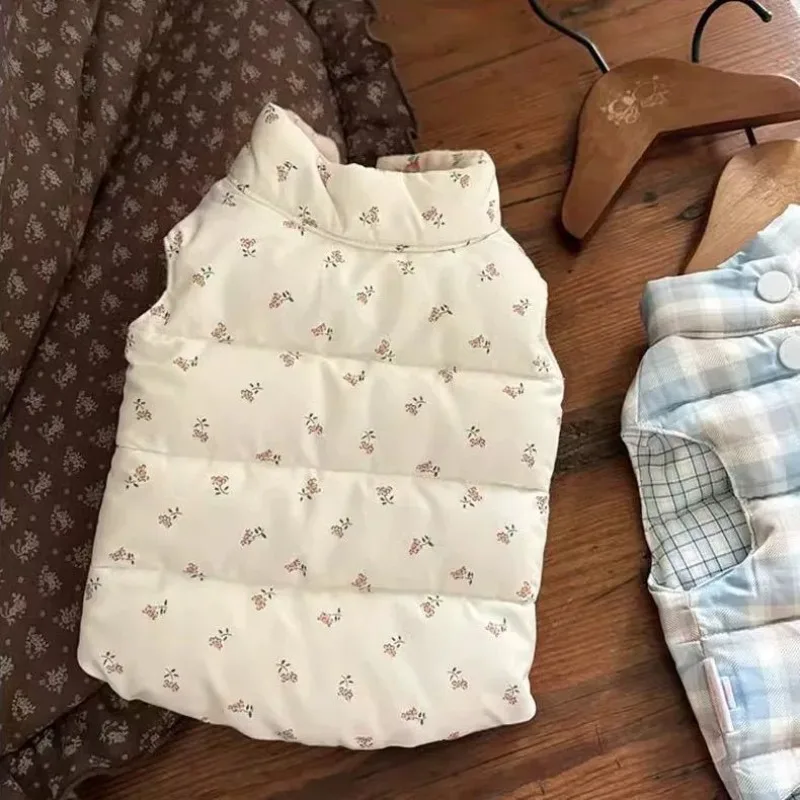 Abrigo a cuadros Floral rosa para mascotas, chaleco cálido grueso, abrigo de peluche para perros pequeños, ropa para perros pequeños, ropa para cachorros, otoño e invierno