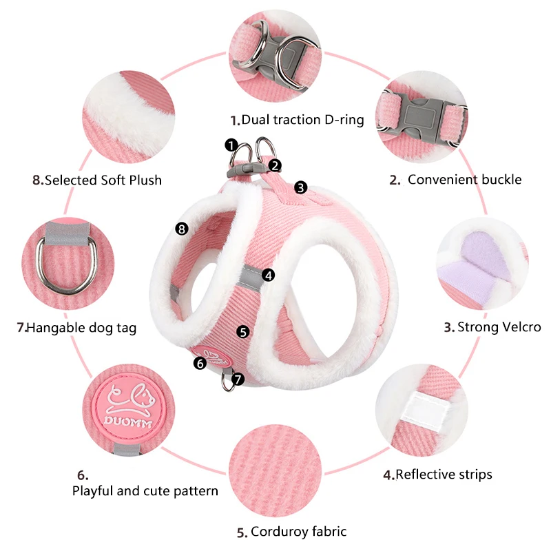 Conjunto de arnés y correa de piel de conejo, chaleco reflectante de felpa cálido para mascotas para perros pequeños y gatos, arnés cómodo ajustable - imagen 2