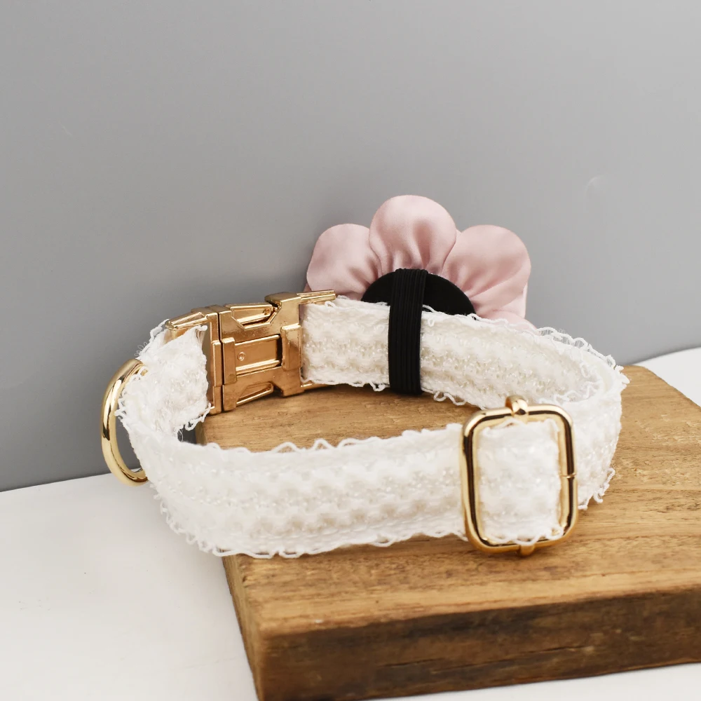 Collar de perro de encaje blanco, placa con nombre grabada personalizada, Collar de boda para mascotas, arnés para perros, accesorios para perros, encaje de lujo03 - imagen 4