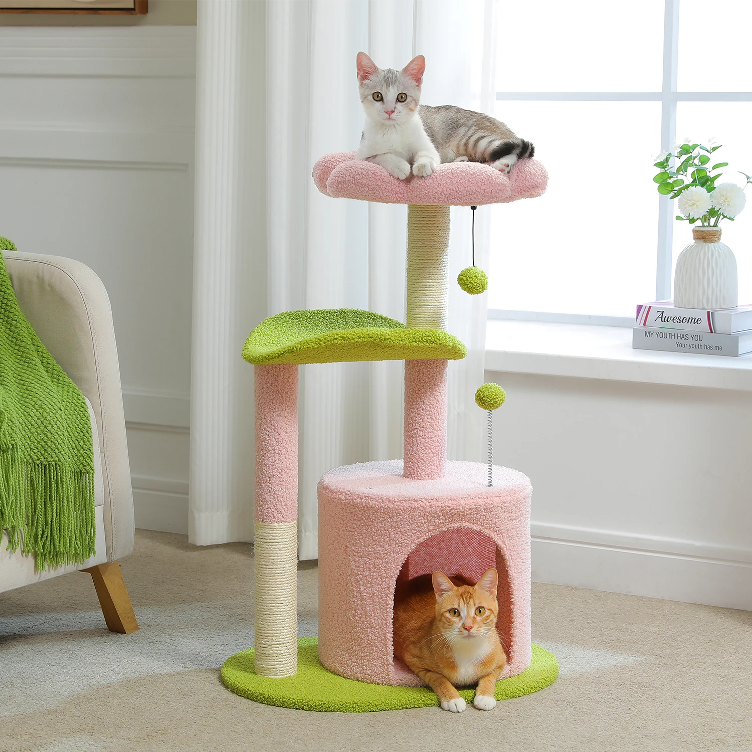 Árbol para gatos en forma de flor para gatos de interior, torre pequeña para gatos con poste rascador de sisal, condominio suave, plataformas de felpa, pelotas esponjosas, juguetes para gatos