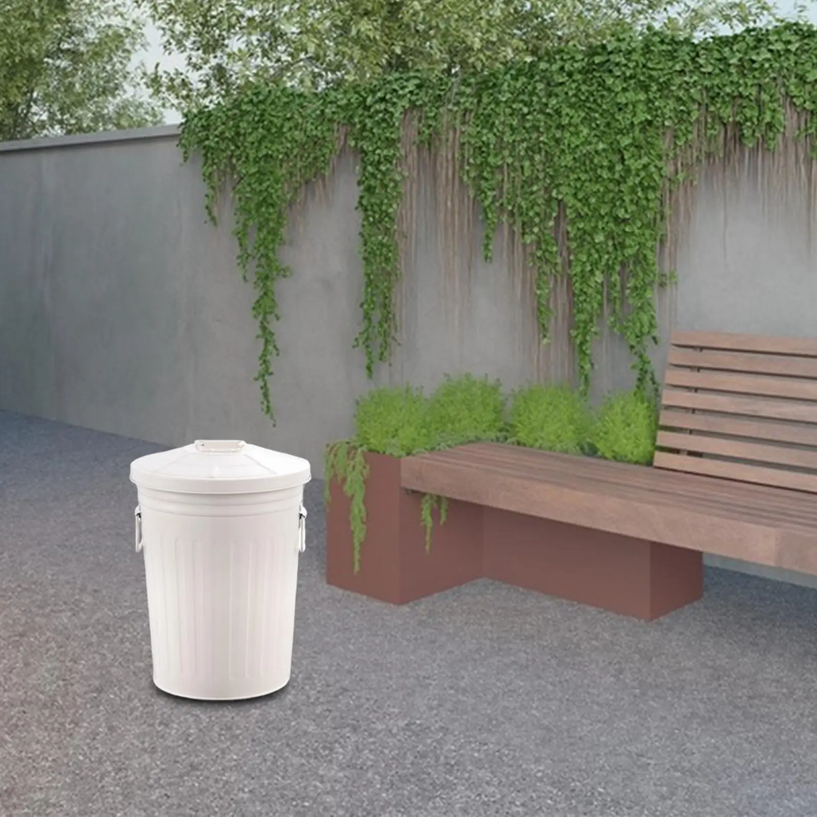 Cubo de basura redondo para exteriores, macetero decorativo de 17 L, cubo de basura rústico Beige, cubo de basura cubierto para Patio, patio, casa, granja - imagen 4