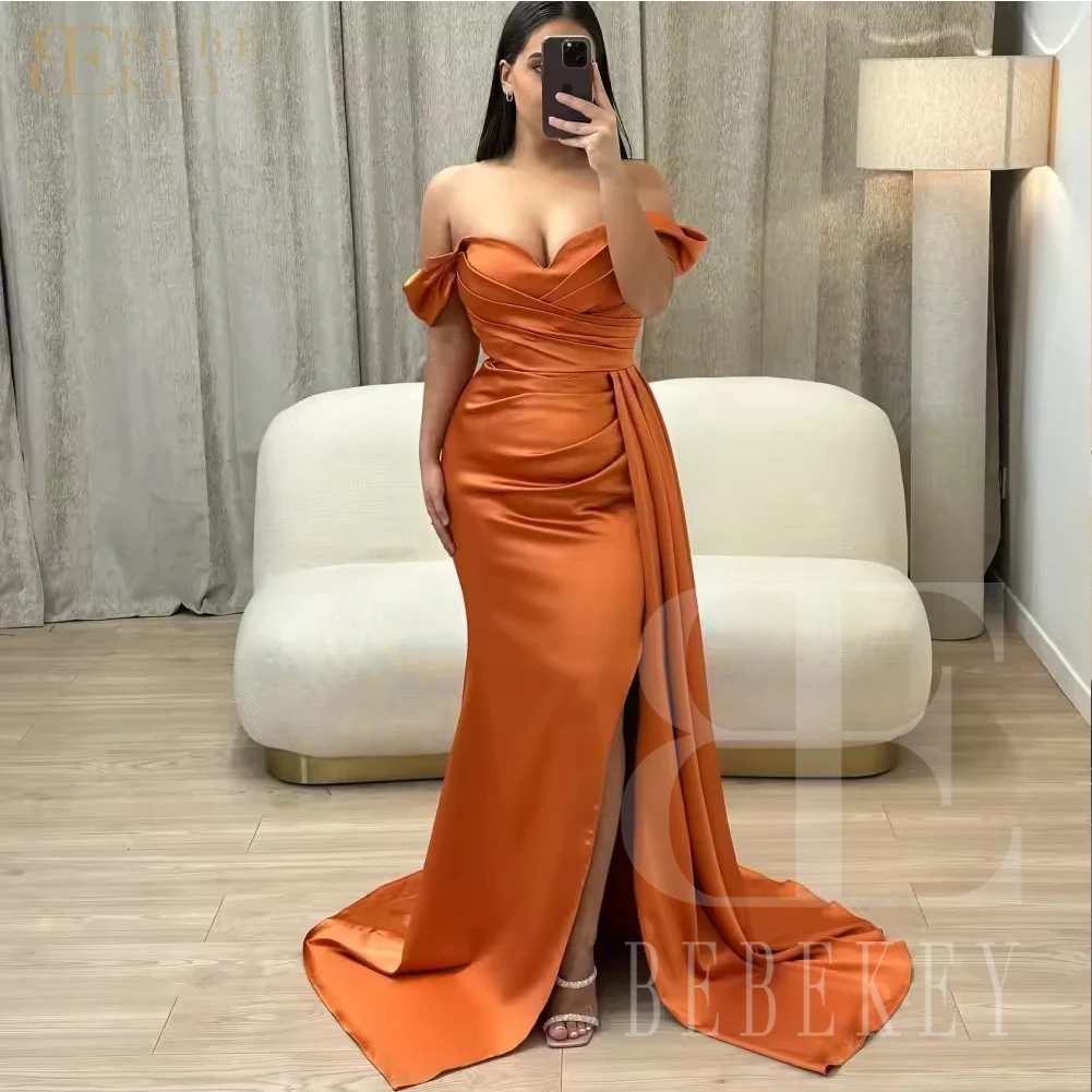 BEBEKEY Vestido de dama de honor de satén con hombros descubiertos para mujer, color naranja, con abertura lateral, vestido Formal de noche personalizado para fiesta de boda