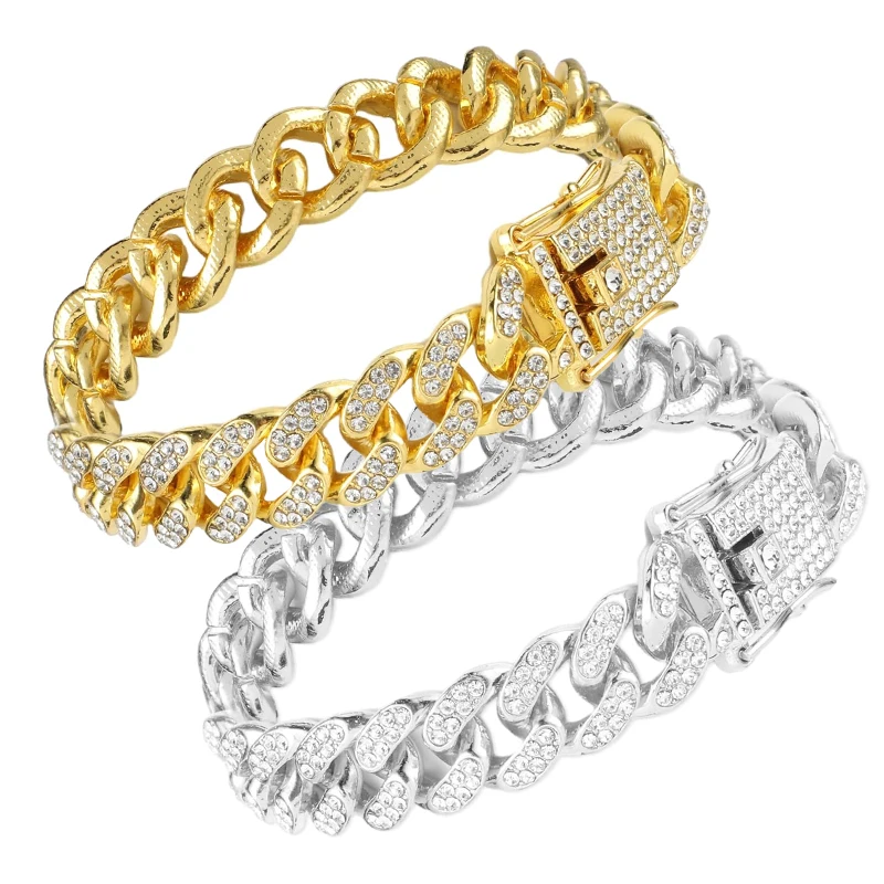 Accesorios de joyería de moda, Collar de gato de cadena cubana dorada, Collar de gatito de mascota con diamantes de imitación de cristal de lujo para gatos