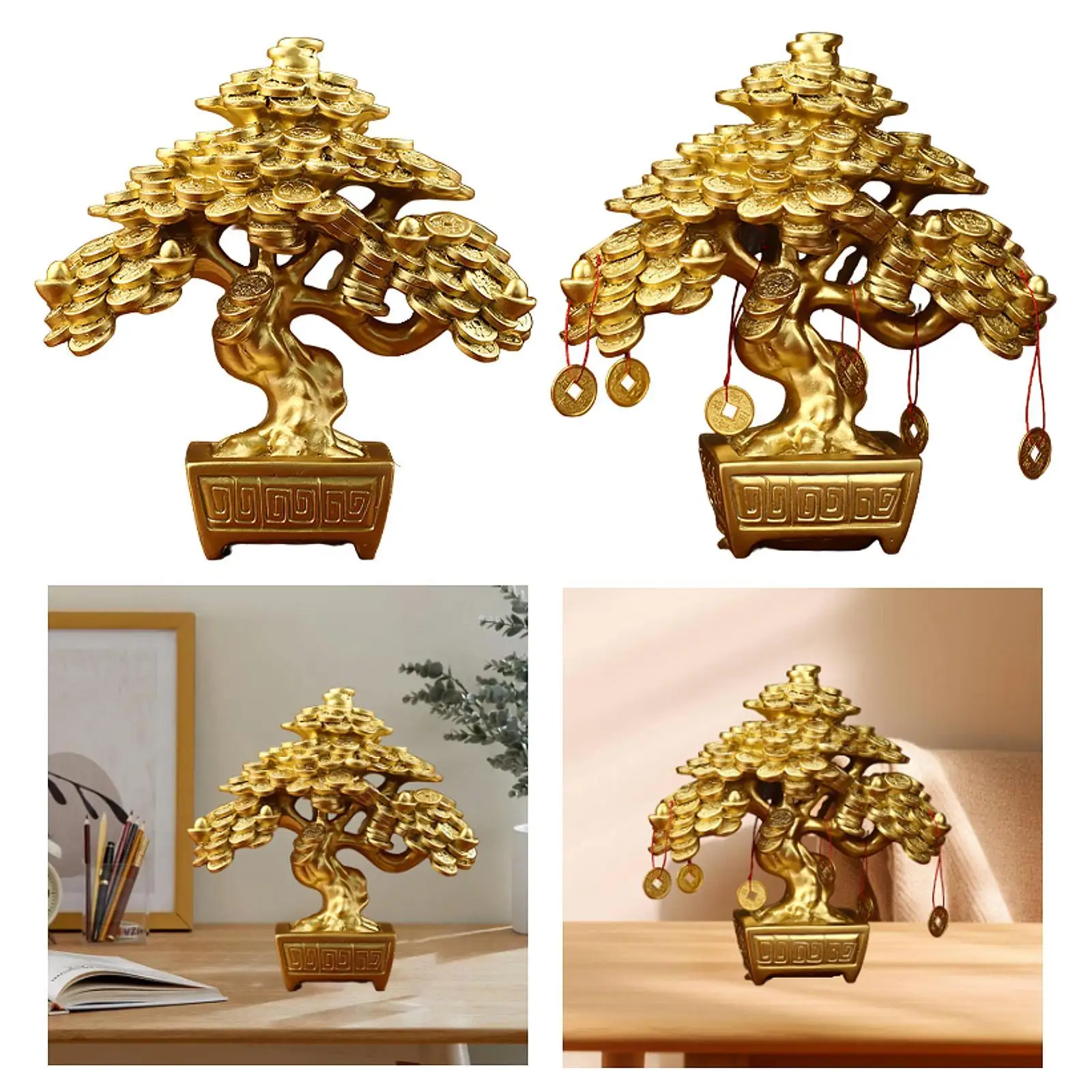 Decoración de mesa de árbol de dinero chino, decoración Feng Shui de Color dorado, estatuilla de resina de 17,5x9x19,5 cm para dormitorio ligero - imagen 3