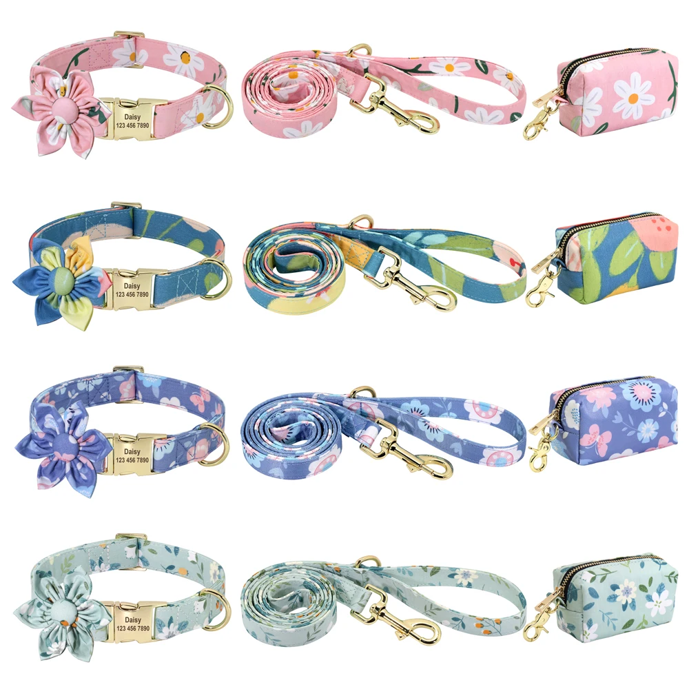 Collar de nailon personalizado para perros pequeños, medianos y grandes, Correa y bolsa para caca, etiqueta de identificación con nombre, accesorios florales - imagen 2