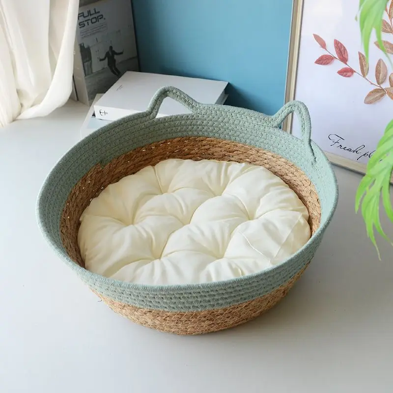 OUZEY-cama tejida de mimbre para gatos, con cojín, cesta para dormir suave, cálida y cómoda para gatos, cama para cachorros y gatitos para las cuatro estaciones - imagen 3
