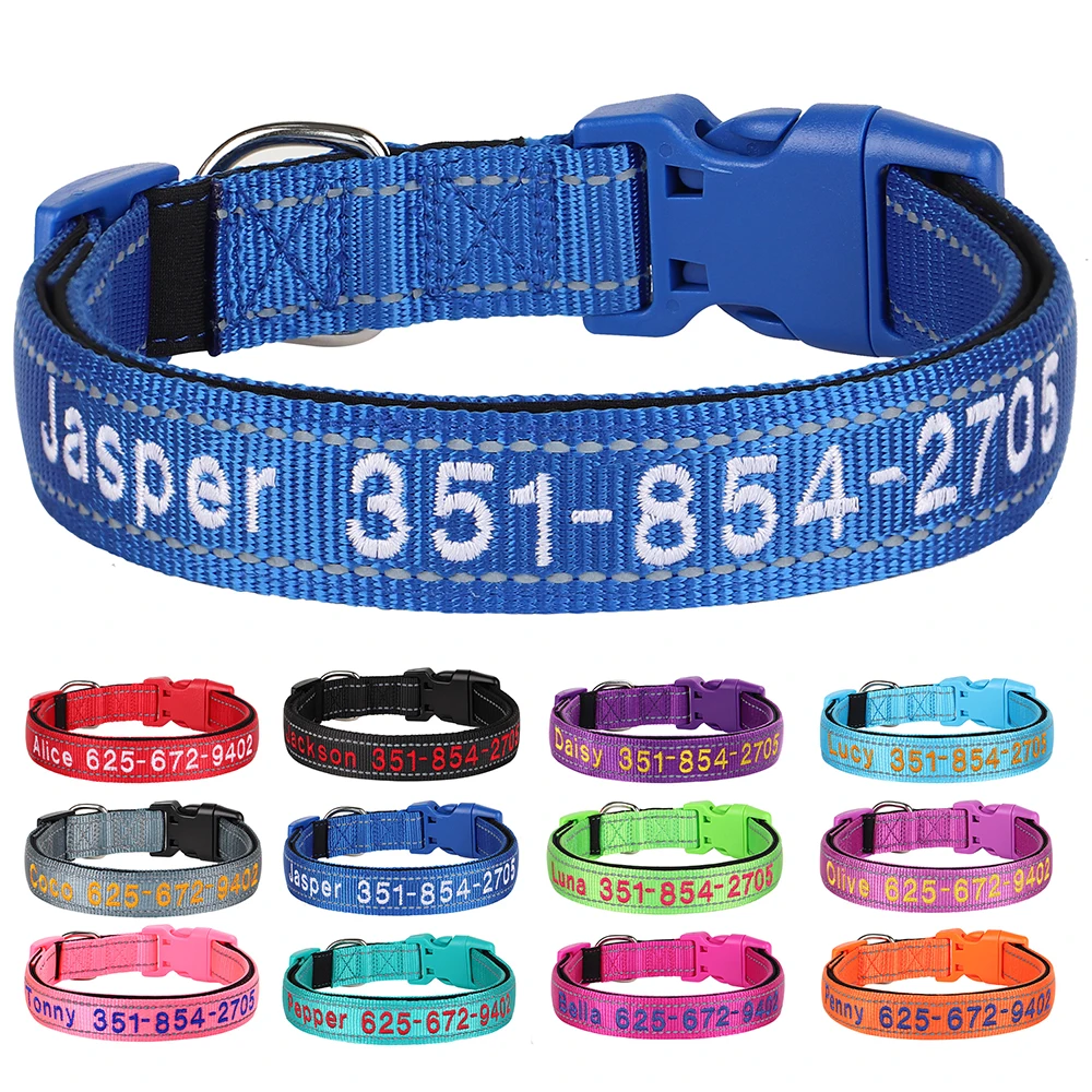 Collar de nailon bordado para perro, collares personalizados para cachorros y gatos, collares reflectantes para identificación de mascotas, identificación de nombre de teléfono DIY para perros pequeños y grandes