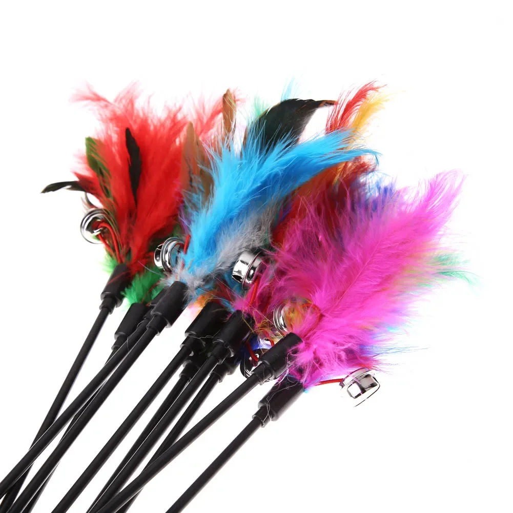 Varita de plumas de juguete para gato, Teaser interactivo de plumas de pavo, Varita de alambre, Juguetes Divertidos de colores aleatorios, lote de 5 unidades - imagen 4