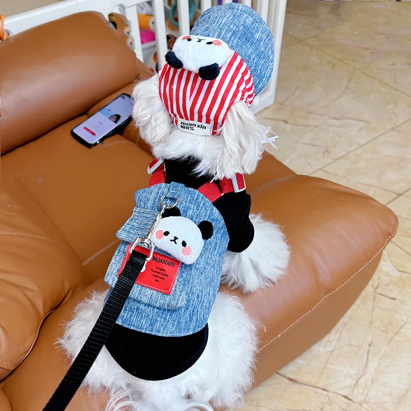 Lindo chaleco con arnés para perro con diseño de Panda, conjunto de camisa con sombrero, traje para paseos al aire libre, ropa elegante y funcional para mascotas para perros pequeños