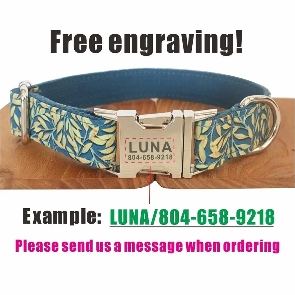 Collar de perro personalizado con grabado gratuito, correa para mascotas a juego, hebilla de Metal de contactos personalizados, Collar para mascotas de hoja dorada - imagen 4