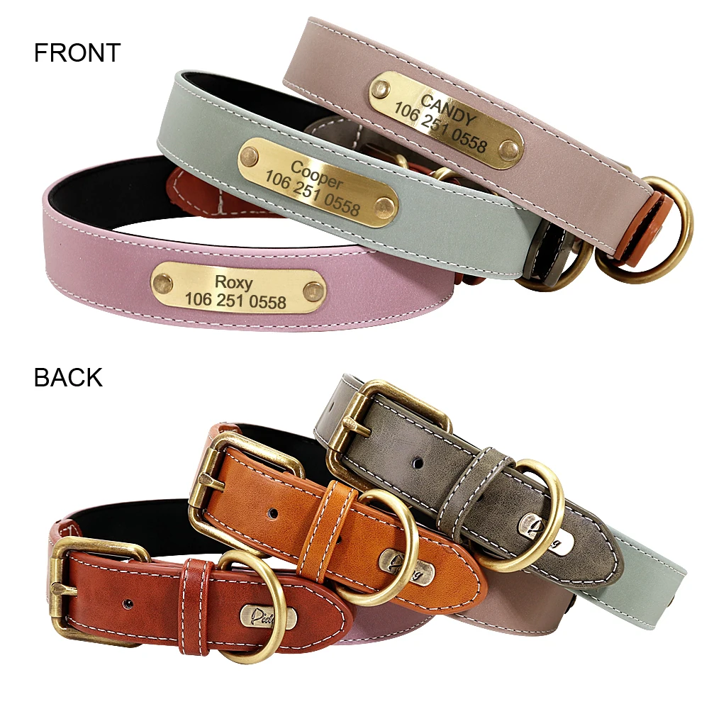 Collar de perro personalizado, Collar de identificación de mascota acolchado de cuero para perro, collares para cachorros grabados gratis, reflectantes para perros pequeños, medianos y grandes - imagen 2