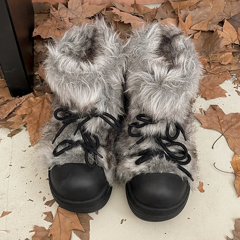 Botas de nieve de felpa con punta redonda para mujer, con cordones, parte inferior gruesa, para mantener el calor en invierno, moda para exteriores, jóvenes - imagen 5