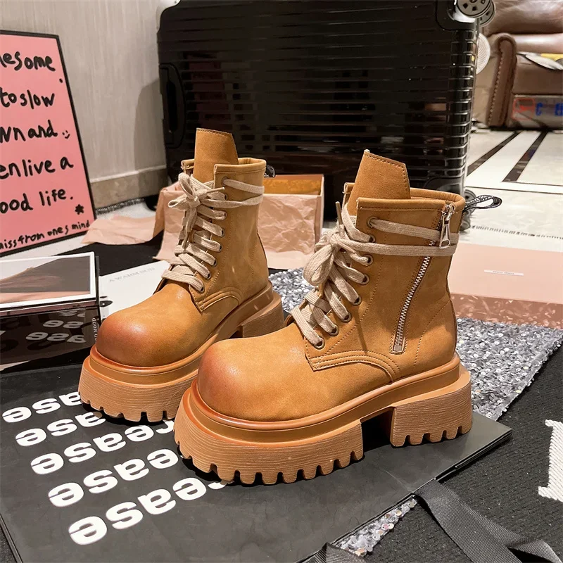 Botas Ort para mujer, novedad de 20225, Sle Thi Bot, motocicleta con realce, cabeza grande, ropa de trabajo Retro, botas occidentales, botas amarillas - imagen 3