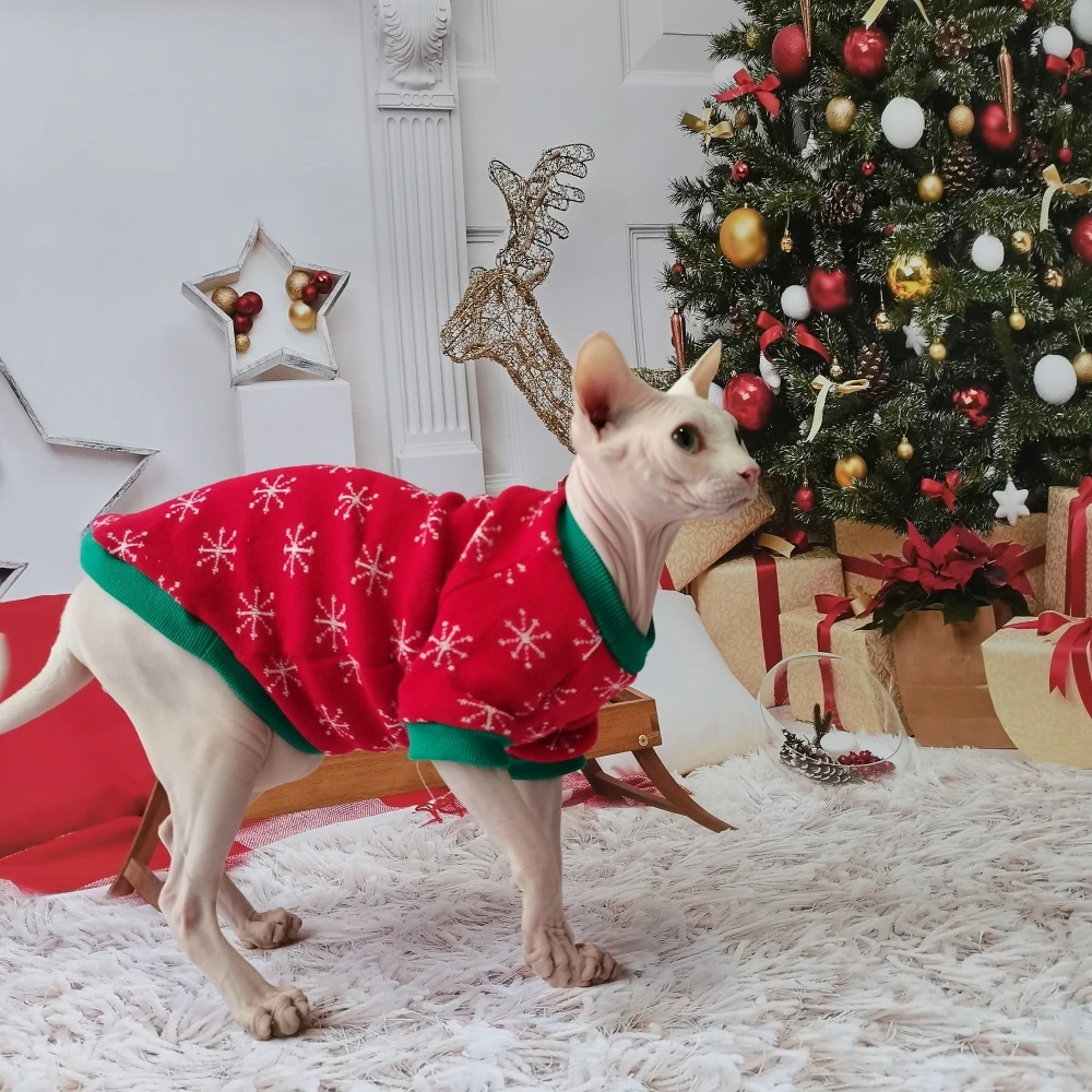 New Christmas Snow Suit Clothes for Sphynx Cat Warm Sweater for Hairless Cat Winter Coat Fleece Jacket for Devon Rex Pet Product - imagen 2