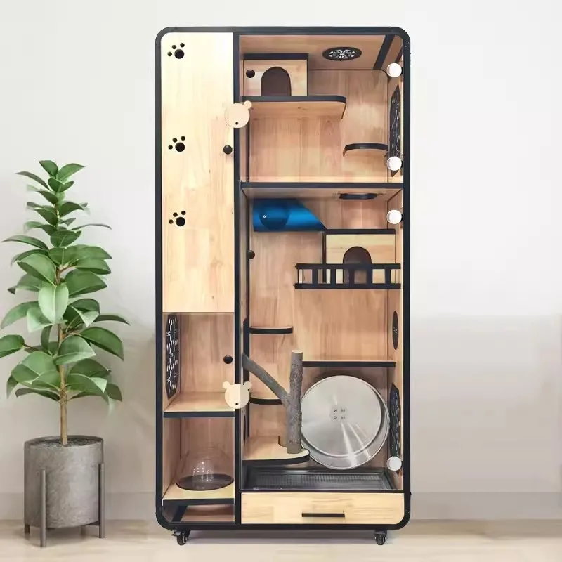 Chinchilla de madera maciza de doble cubierta, gabinete especial, jaula de gran tamaño con aire acondicionado, nido de hielo para mascotas, Villa de lujo