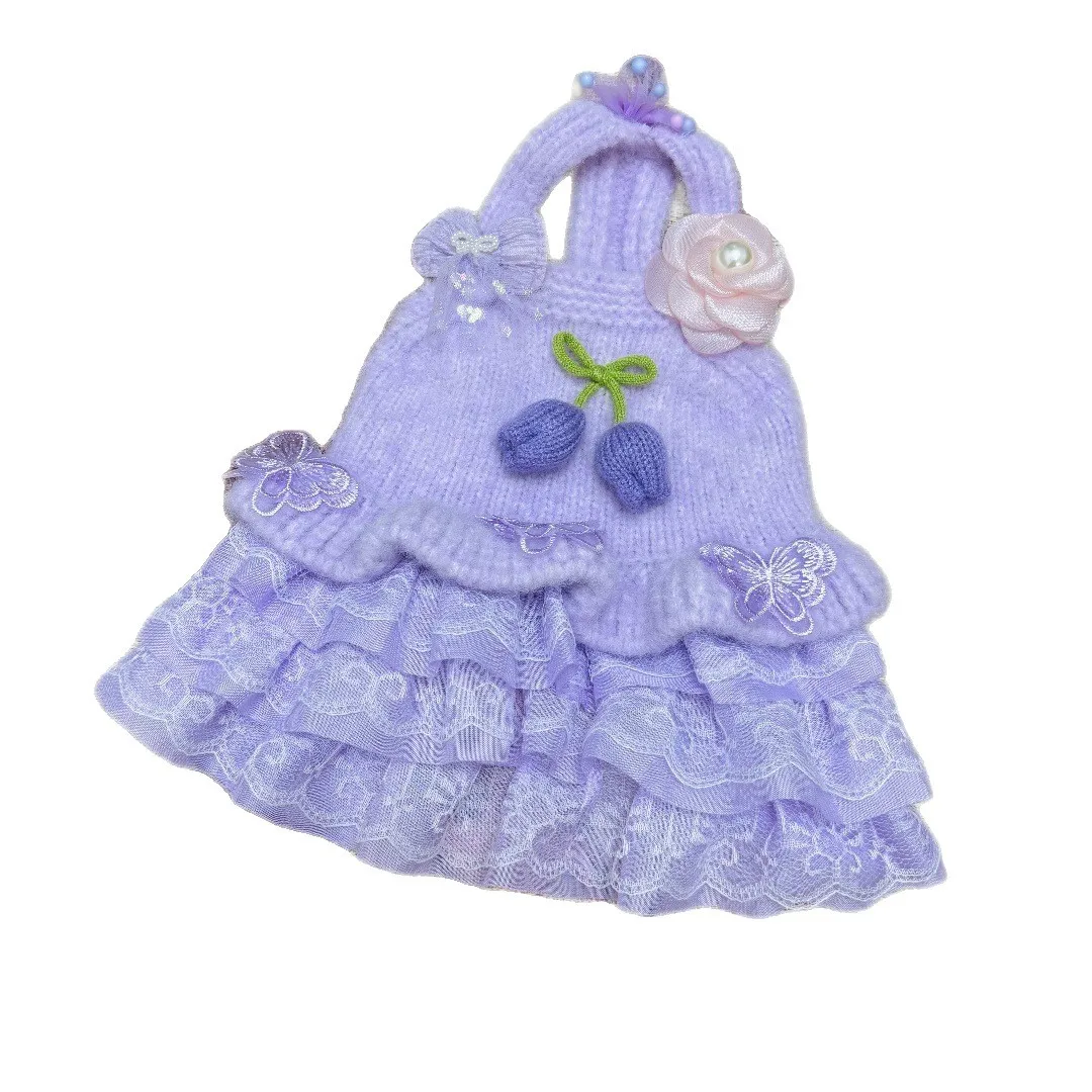 Vestido de cereza tejido para otoño/invierno para mascotas, vestido de princesa, suéter para perros y gatos, camiseta sin mangas de peluche Schnauzer, ropa para cachorros - imagen 5
