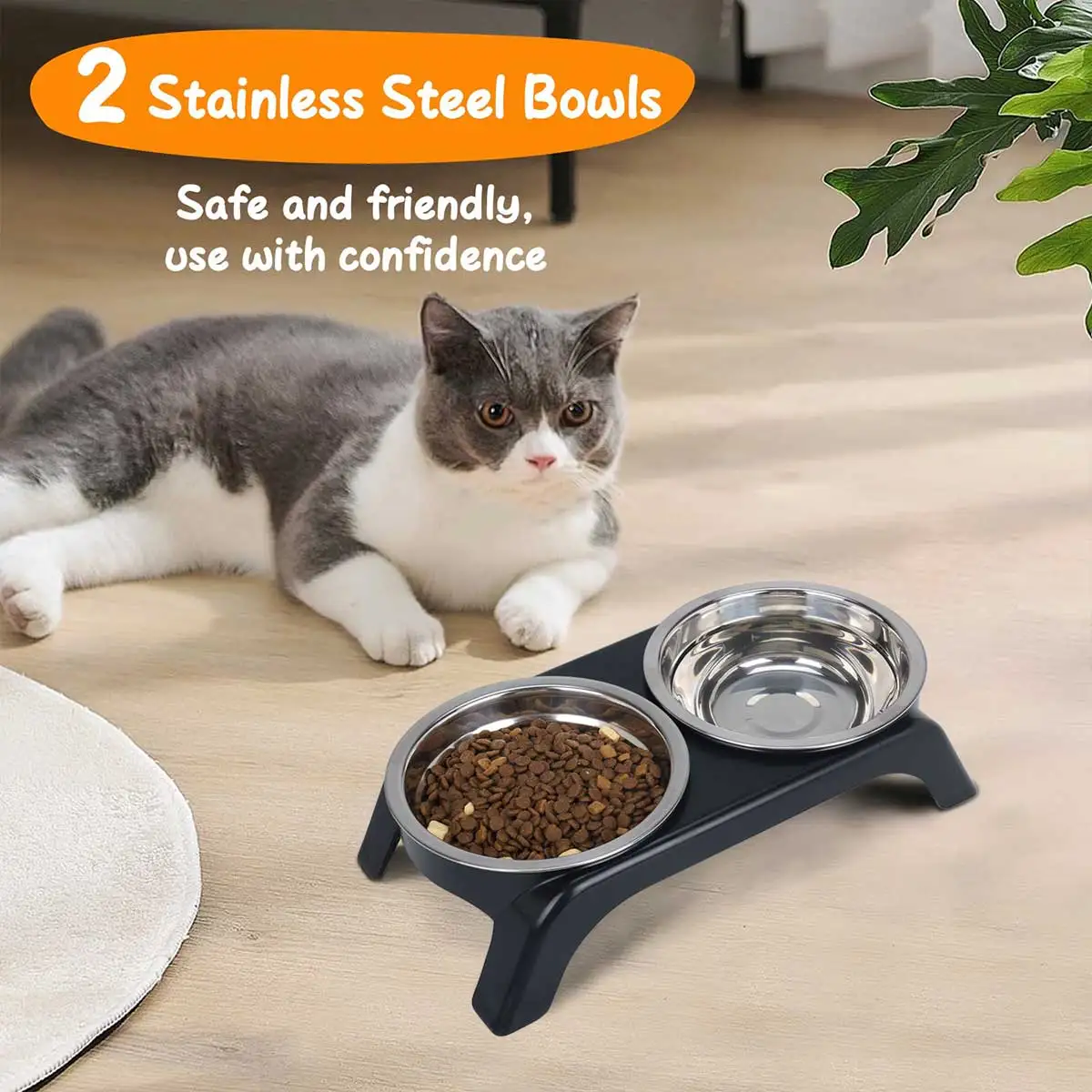 Cuenco elevado para mascotas con dos cuencos de acero inoxidable, apto para perros y gatos pequeños y medianos, disponible en negro y gris. - imagen 5