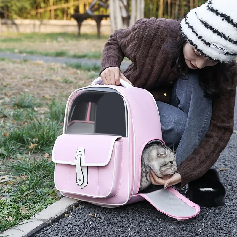 Nuevo Bolsa versátil para gatos, bolsa cuadrada plegable de PU para salir de mascotas, mochila de viaje para gatos de gran capacidad - imagen 3