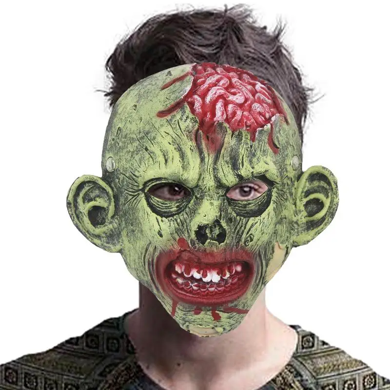 Mascarilla de piel sintética para adultos, máscara de cara completa de 28x27cm, con dibujo de Zombie Brain, para fiesta, casa encantada y Cosplay - imagen 4