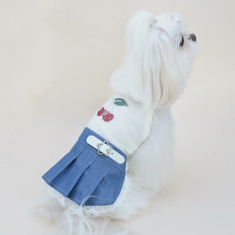 Vestido plisado mezclilla perro pequeño encaje pedrería cereza Maltese - imagen 4