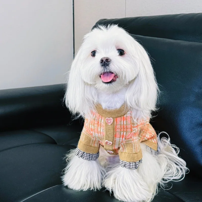 Camisa de suéter a cuadros para mascotas para calidez de otoño e invierno, abrigo de peluche Schnauzer para gatos, ropa para perros pequeños, ropa para cachorros - imagen 5