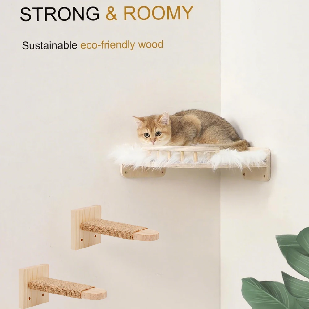 Estantes de pared para gatos, poste rascador de 2 pasos y hamaca, estante de escalada para gatos de interior, accesorios de torre de árbol trepador - imagen 5