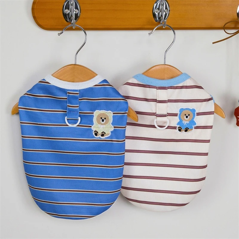 Chaleco para perro mascota con oso de dibujos animados para Chihuahua, ropa clásica a rayas con cuello redondo, ropa de verano para gatos, monos para cachorros frescos y transpirables Unisex - imagen 5