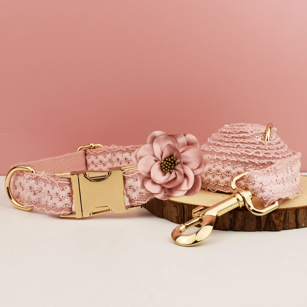 Collar de encaje rosa para perro, placa de identificación grabada personalizada, arnés para Collar de boda para mascotas, accesorios para perros, lujo Lace03 - imagen 2